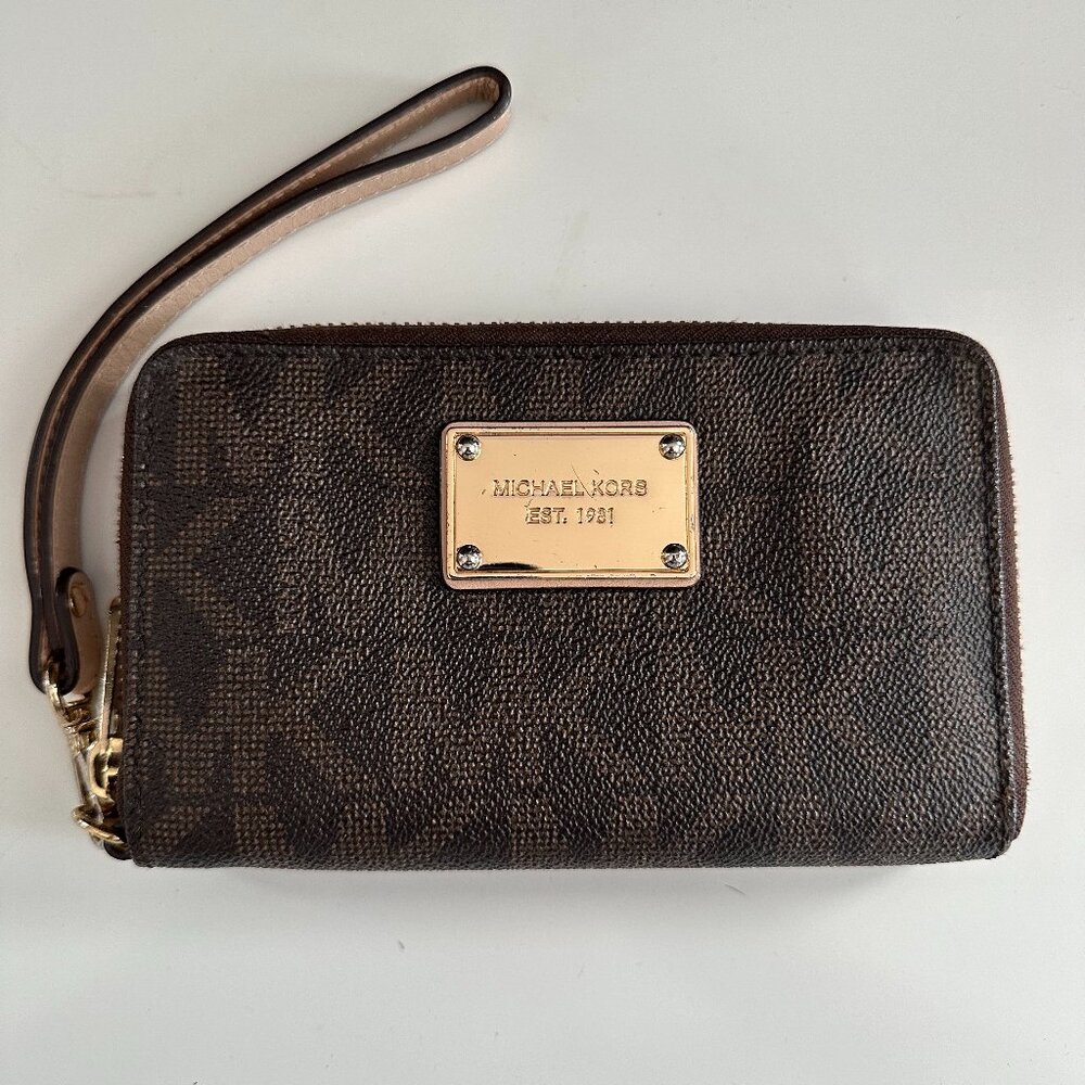 MICHAEL KORS Brown Signature Coated Canvas Zip Around Wallet Wristlet
